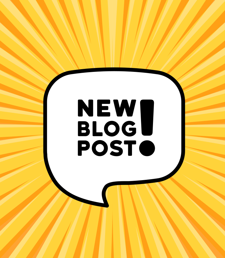A speech bubble with the words "NEW BLOG POST!" on a bright yellow burst background.