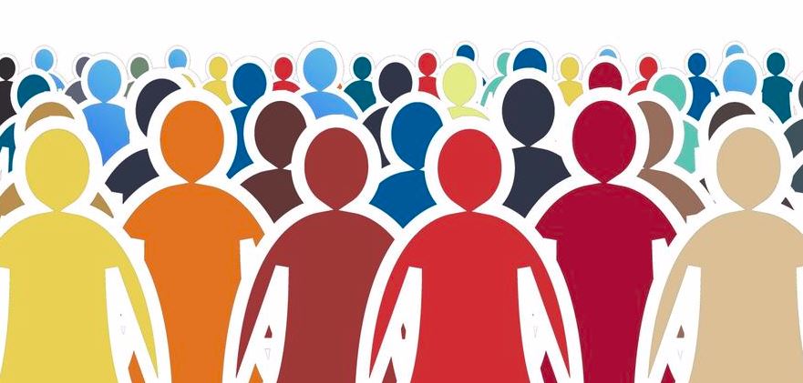 A diverse crowd of colorful, stylized human figures standing together in a group.