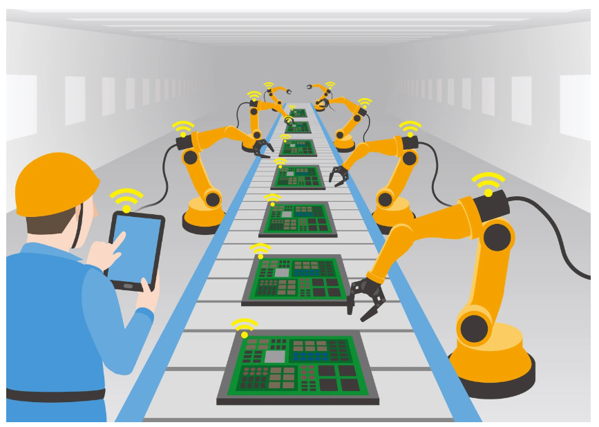 Robots assemble electronic circuit boards on a conveyor belt while a technician monitors them with a tablet.