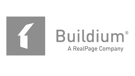 A gray square with a white stylized lightning bolt logo, accompanied by the text "Buildium" and "A RealPage Company."