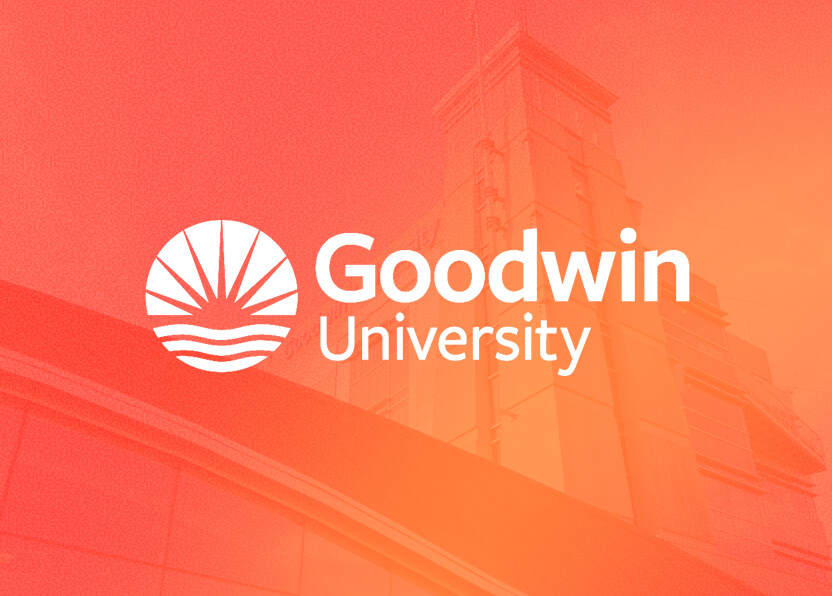 Goodwin University logo with a building in the background, overlaid with a red-orange gradient.