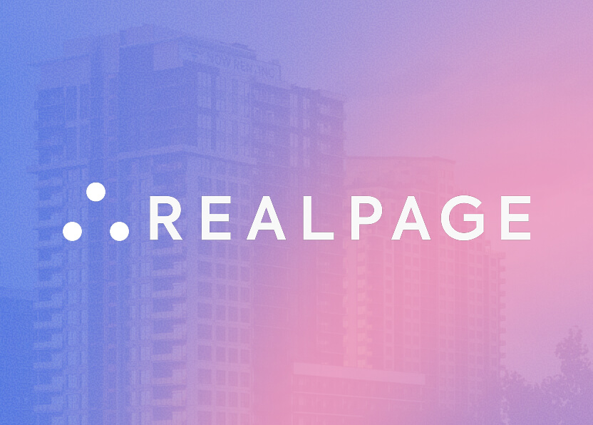 The image features the RealPage logo over a background of tall, modern apartment buildings with a pink and blue gradient