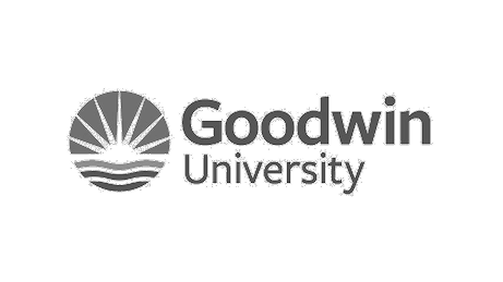 Goodwin University logo featuring a stylized sun rising over waves beside the university name.