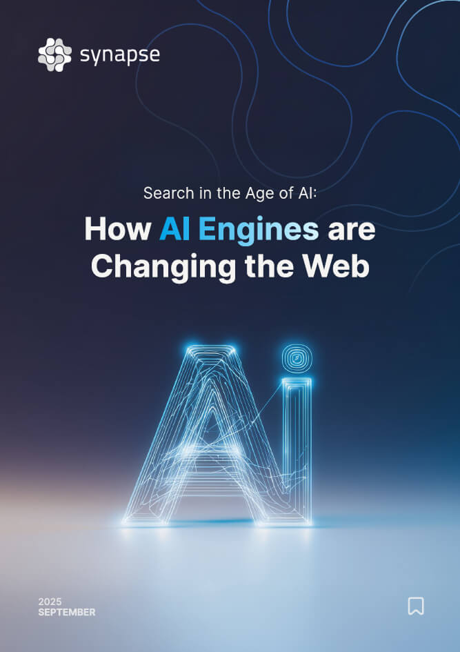 A glowing, digital-style "AI" graphic with the title "How AI Engines are Changing the Web" and a dark blue background with