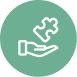 A green icon of a hand sharing a glowing synapse, symbolizing connection and knowledge transfer.