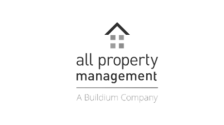 A logo featuring a house icon above the text "all property management" and "A Buildium Company" underneath.