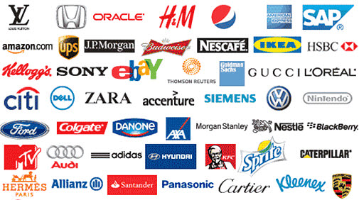 A collage of various well-known brand logos including Amazon, Nike, Coca-Cola, Samsung, and Mercedes-Benz.