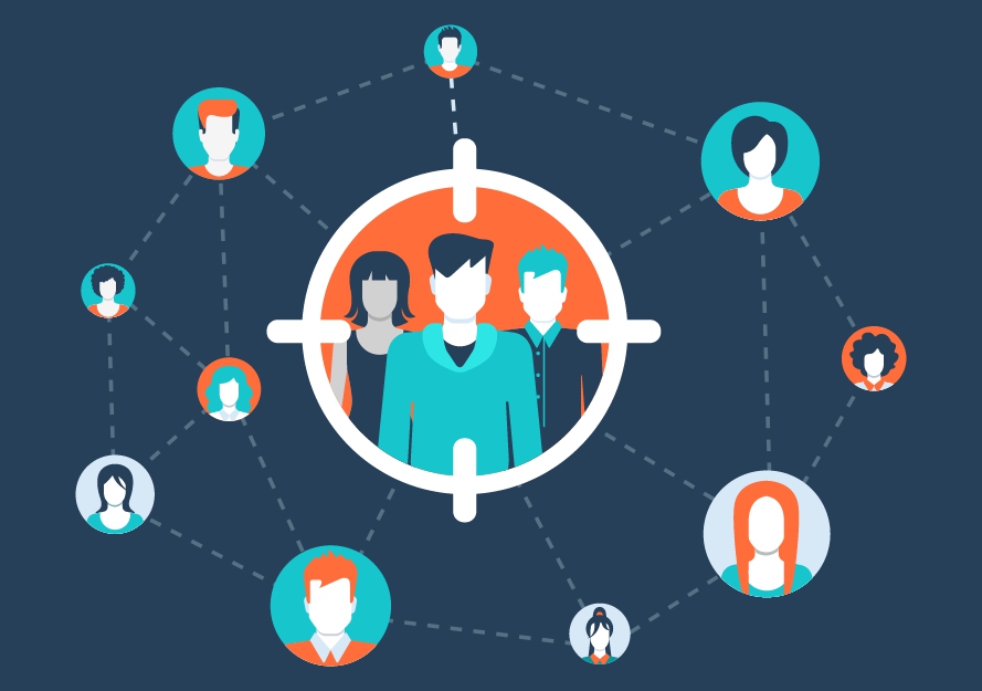 A central group of three professionals is targeted by a crosshair, surrounded by interconnected diverse individuals