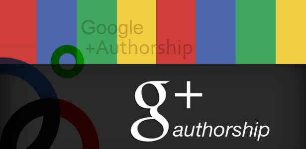 Google Plus logo with the text "Google + Authorship" on a colorful striped background.