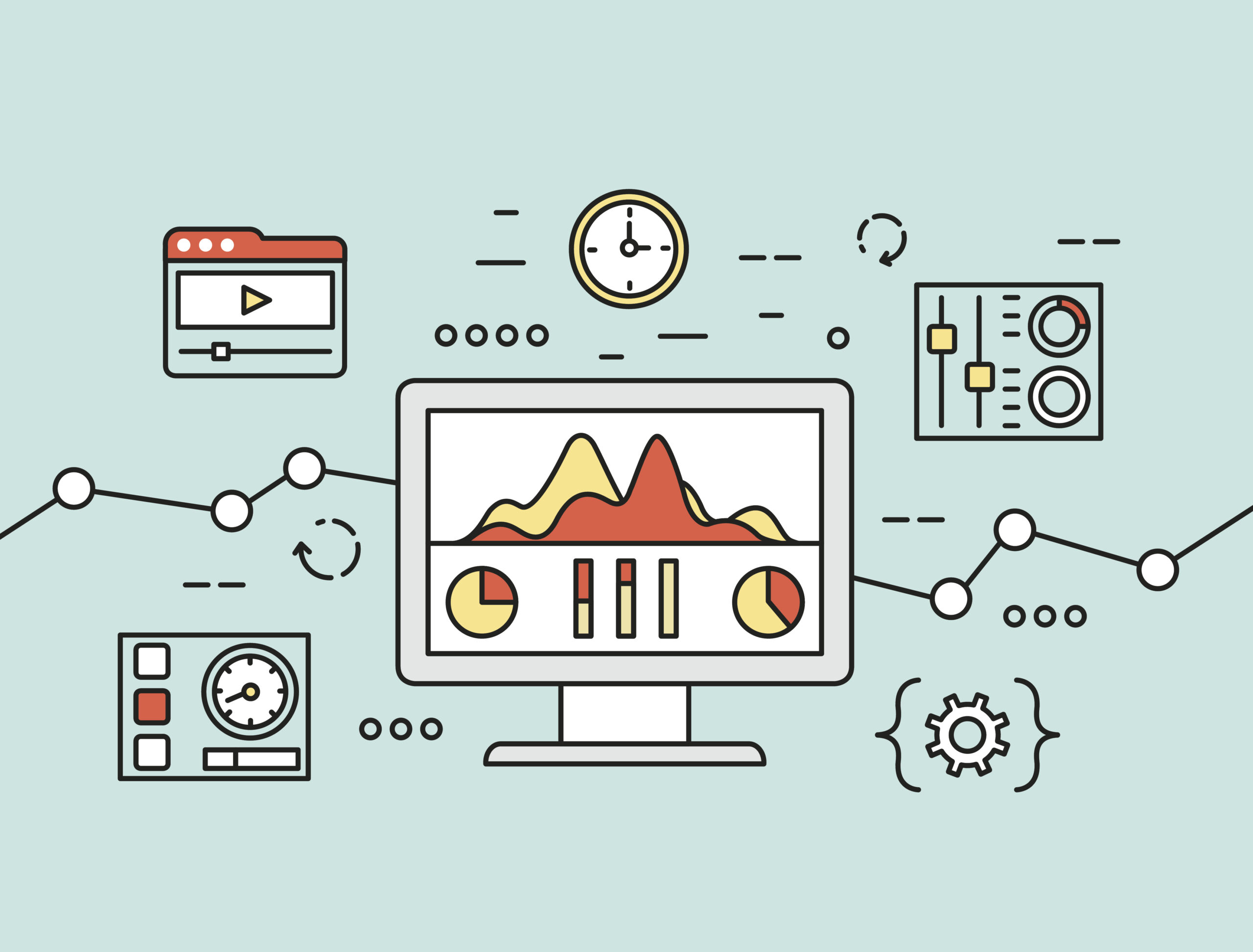 A computer monitor displays website analytics with graphs, pie charts, and data visualization tools surrounded by icons of
